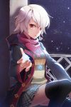  breath gilse hoodie jewelry looking_at_viewer necklace night night_sky plaid plaid_skirt red_eyes sangiovese scarf short_hair sitting skirt sky solo star_(sky) striped striped_sweater sweater sword_girls thigh-highs thighhighs white_hair 