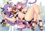  animal_ears bell blue_eyes braid breasts copyright_request cow cow_ears cow_horns cow_tail doll feet high_heels horns long_hair olivia_(yh) purple_hair sandals shoes solo stuffed_toy tail toes under_boob underboob very_long_hair 