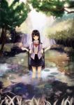  bow brown_eyes ichiko_oharu long_hair nature open_clothes open_shirt original pleated_skirt rain resized school_uniform shirt skirt solo very_long_hair wading water 