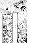  beard bowtie comic dual_wielding duel facial_hair highres horns ibuki_suika japanese_clothes katana konpaku_youki long_hair monochrome mustache petals suichuu_hanabi sword touhou translation_request weapon 