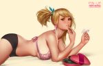  1girl black_panties blonde_hair bra breasts brown_eyes earrings fairy_tail heart heart_earrings jewelry jonathan_hamilton long_hair looking_at_viewer lucy_heartfilia one_side_up panties pink_bra side_ponytail smile solo underwear 