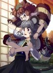  animal_ears barefoot basket bloomers brown_eyes brown_hair capelet dress face feet futatsuiwa_mamizou glasses grey_hair grin hands highres indian_style jewelry leaf leaf_on_head leg_lock mouse mouse_ears mouse_tail multiple_girls nazrin open_mouth pince-nez raccoon_ears raccoon_tail red_eyes sake shope short_hair sitting sitting_on_person skirt smile tail tears touhou 