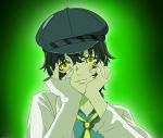  androgynous black_hair blue_hair cabbie_hat dark_persona gasai_yuno hands_on_own_cheeks hands_on_own_face hat labcoat meteoris mirai_nikki necktie oversized_clothes parody persona persona_4 reverse_trap shirogane_naoto shirt short_hair solo tomboy yandere_trance yellow_eyes 