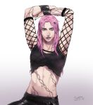  1boy arms_up diavolo foxvulpine jojo_no_kimyou_na_bouken lipstick long_hair makeup midriff pink_hair solo torn_clothes torn_shirt 