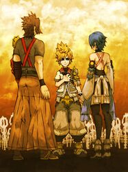  aqua_(kingdom_hearts) bare_shoulders black_legwear blonde_hair blue_eyes blue_hair brown_hair detached_sleeves field_of_blades fingerless_gloves gloves gossan highres keyblade kingdom_hearts kingdom_hearts_birth_by_sleep short_hair terra_(kingdom_hearts) ventus wristband 