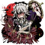  bandage bandages between_fingers blood blood_splatter braid bust clock flower gibuchoko grey_hair highres izayoi_sakuya knife maid maid_headdress mouth_hold red_eyes ribbon solo spider_lily the_embodiment_of_scarlet_devil throwing_knife touhou twin_braids weapon 