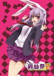  :d animal_ears arms_up black_legwear blazer blush bunny_ears checkered checkered_background dress_shirt highres jacket kneehighs long_hair necktie open_mouth pleated_skirt purple_hair red_eyes reisen_udongein_inaba shirt skirt smile solo touhou unasaka_ryou 