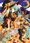  aqua_eyes aqua_hair asapon broom broom_riding crescent_moon dress halloween hat hatsune_miku jack-o&#039;-lantern jack-o'-lantern long_hair moon orange_dress pumpkin sidesaddle solo striped striped_legwear thigh-highs thighhighs traditional_media twintails very_long_hair vocaloid witch_hat 