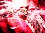  absurdres angel_wings blonde_hair bow crazy fangs gengetsu hair_bow highres mr.milk_caramel red short_hair solo touhou touhou_(pc-98) wings 