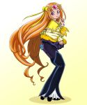  ass bodysuit bow brooch choker circlet cure_muse cure_muse_(black) cure_muse_(yellow) diskmonkey dual_persona earrings fairy_tone gradient gradient_background hair_ribbon heart jewelry long_hair magical_girl multiple_persona orange_hair pointing precure purple_eyes ribbon shirabe_ako smile spoilers suite_precure undressing violet_eyes white_background yellow_background 