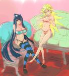  2girls bikini blonde_hair blue_eyes bow breasts cleavage earrings erect_nipples hair_bow high_heels jewelry large_breasts long_hair multicolored_hair multiple_girls navel np_(slipbounds) panty_&amp;_stocking_with_garterbelt panty_(character) panty_(psg) shoes sitting smile stocking_(character) stocking_(psg) striped striped_legwear swimsuit thigh-highs thighhighs 