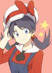  1girl black_hair blue_eyes cosplay crystal_(pokemon) earrings hand_on_head hat hat_ribbon jewelry kotone_(pokemon) kotone_(pokemon)_(cosplay) otoufu_(oto_hu) pokemon pokemon_(game) pokemon_gsc pokemon_heartgold_and_soulsilver pokemon_hgss pokemon_special red_ribbon ribbon smile solo twintails 