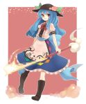  bad_id blue_hair boots bowtie food fruit hat hinanawi_tenshi konbu_ame leaf long_hair peach red_eyes ribbon smile solo sword sword_of_hisou touhou weapon 