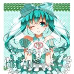  alternate_costume bow character_name collarbone detached_collar dress gloves green green_eyes green_hair hair_ribbon hatsune_miku heart heart_hands highres lolita_fashion long_hair nou puffy_sleeves ribbon smile solo twintails vocaloid white_gloves wink 