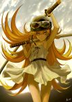  arm_up armpits as109 bakemonogatari bare_legs bare_shoulders blonde_hair cloud dress dual_wielding goggles goggles_on_head helmet highres katana long_hair looking_at_viewer monogatari_(series) no_panties off_shoulder oshino_shinobu over_shoulder ringed_eyes sky solo strap_slip sundress sword very_long_hair weapon weapon_over_shoulder yellow_eyes 