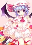  absurdres azumi_kazuki bat_wings blue_hair blush brooch dress dress_lift fang food fork frills hat highres jewelry looking_at_viewer mary_janes open_mouth remilia_scarlet shoes short_hair simple_background sitting solo touhou wings wrist_cuffs 