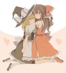  apron ascot blonde_hair blush bow brown_eyes brown_hair checkered checkered_background detached_sleeves dress footwear hair_bow hair_ornament hakurei_reimu hat heart hug japanese_clothes kirisame_marisa kutsushita long_hair miko multiple_girls socks touhou witch witch_hat yellow_eyes yuri 