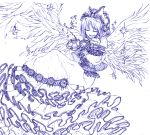  angel_wings bow chin_rest closed_eyes dress embellished_costume enkoko frilled_dress frills gathers gengetsu hair_bow monochrome ruffles short_hair solo sparkle touhou touhou_(pc-98) traditional_media wings 