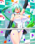  arm_up blush breasts checkered checkered_background choker cleavage closed_eyes colored_eyelashes endou_tatsumi eyes_closed green_hair hatsune_miku headset huge_breasts jewelry large_breasts long_hair necklace open_mouth race_queen racequeen solo tears twintails very_long_hair vocaloid 