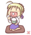  1girl ahoge amayuki_esuka aoki_ume_(style) artoria_pendragon_(all) blonde_hair blush_stickers chibi eating emiya-san_chi_no_kyou_no_gohan fate/stay_night fate_(series) hidamari_sketch lowres md5_mismatch no_legwear parody rice saber seiza sitting solo style_parody type-moon |_| 