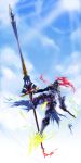  armor blonde_hair cloud fingerless_gloves gloves greaves helm helmet highres lance long_hair pink_eyes pixiv_fantasia pixiv_fantasia_wizard_and_knight polearm shield sky solo sword todee weapon 