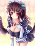  alternate_costume bad_id blush breasts brown_hair bursting_breasts cleavage collarbone enmaided hanging_breasts highres jewelry large_breasts long_hair low_wings maid maid_headdress necklace red_eyes reiuji_utsuho solo third_eye touhou walzrj wings 