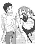  cat_ears drill_hair facial_hair faris_nyannyan hand_holding hand_in_pocket holding_hands labcoat monochrome okabe_rintarou steins;gate stubble twin_drills waitress youne 