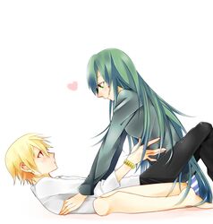  androgynous bad_id blonde_hair bracelet breasts earrings enkidu_(fate/strange_fake) fate/stay_night fate/strange_fake fate_(series) genderswap gilgamesh green_eyes green_hair haine33 haine_(howling) heart jewelry long_hair male multiple_boys panties red_eyes short_hair striped striped_panties trap underwear white_background 