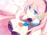  between_breasts blue_eyes blush breasts cleavage food headphones long_hair looking_at_viewer megurine_luka no_more pink_hair pudding solo spoon vocaloid 