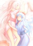  arms_up bad_id blue_dress blue_hair blush closed_eyes dress eyes_closed fujiwara_no_mokou hug japanese_clothes kamishirasawa_keine kimono kokotetsu long_hair multiple_girls off_shoulder on_side open_dress open_kimono open_mouth pillow pink_hair sash sleeping touhou 