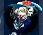  alternate_color apple brooch bust darkness doily earrings elly fang fangs fingerless_gloves flower food frilled_sleeves frills fruit gloves hat hat_flower holding holding_apple holding_fruit husui_parashi jewelry open_mouth ruffles scythe short_hair solo touhou touhou_(pc-98) yellow_eyes 