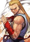 1boy andy_bogard bare_shoulders biceps blonde_hair blue_eyes closed_mouth dougi fatal_fury fighting_stance furrowed_brow gloves hair_slicked_back hankuri long_hair male_focus martial_arts_belt muscular muscular_male pants red_gloves shirt sleeveless sleeveless_shirt solo the_king_of_fighters white_pants white_shirt