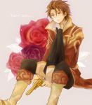  alvin_(tales_of_xillia) boots brown_eyes brown_hair cravat flower gloves male nya- pants pink_rose purple_rose red_rose rose sitting solo tales_of_(series) tales_of_xillia title_drop 