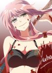  blood bra gasai_yuno lingerie mirai_nikki pink_eyes pink_hair smile solo ui_(majiwi) underwear weapon yandere 