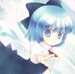  blue_eyes blue_hair cirno hair_ribbon ice ice_wings lowres ribbon snowflakes solo touhou toyodaeri wings 