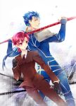  back-to-back bazett_fraga_mcremitz blue_hair fate/hollow_ataraxia fate/stay_night fate_(series) formal gloves highres lance lancer pant_suit pink_eyes pink_hair polearm red_eyes short_hair suit weapon 