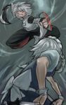  animal_ears battle bukimi_isan glowing glowing_eyes inubashiri_momiji izayoi_sakuya knife maid maid_headdress mibuki397 multiple_girls no_hat no_headwear red_eyes shield skirt sword throwing_knife touhou weapon wolf_ears 