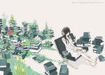  arakawa_(aintnoroom) barefoot black_hair book book_focus book_stack bookmark closed_eyes digital_media_player eyes_closed feet flower green headphones ipod listening listening_to_music nature original overgrown pale_color plant simple_background sitting skirt solo too_many_books tulip wallpaper watermark web_address white white_background 