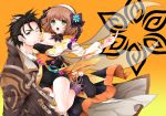  1girl :o alvin_(tales_of_xillia) bike_shorts black_gloves black_hair bow braid breasts brown_eyes brown_hair carrying coat couple detached_collar flower gloves green_eyes hair_flower hair_ornament hair_ribbon hairband leia_roland open_mouth orange_background ribbon shoes short_hair shuragyoku_mami smile surprised tales_of_(series) tales_of_xillia wink xillia_symbol 