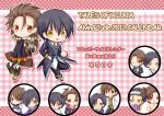  2boys aiming alternate_costume alvin_(tales_of_xillia) bespectacled black_hair boots brown_eyes brown_hair character_name chibi coat cravat formal glasses gun hand_on_head jude_mathis kratos_aurion kratos_aurion_(cosplay) leon_magnus leon_magnus_(cosplay) multiple_boys multiple_persona necktie pants pov_aiming seine_(blueagate) smile snorkel suit tales_of_(series) tales_of_destiny tales_of_symphonia tales_of_xillia tippo title_drop weapon wink yellow_eyes 
