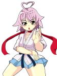  aino_heart alternate_costume arcana_heart cosplay dougi fighting_stance heart_ahoge makoto makoto_(cosplay) pink_hair scarf skirt solo street_fighter toufuu white_background 