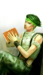  1boy book earrings freer green_eyes green_hair headband jewelry jojo_no_kimyou_na_bouken kishibe_rohan midriff solo suspenders 