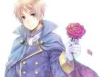  alternate_costume arm_up axis_powers_hetalia blonde_hair cape cravat eyebrows fastener flower formal gloves green_eyes male outline petals red_rose rose simple_background smile solo suit thick_eyebrows united_kingdom_(hetalia) white_background yousan 
