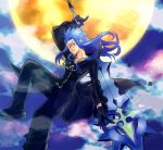  blue_hair cloak gloves kingdom_hearts long_hair male moon nao_(n0803) pointy_ears saix scar solo weapon yellow_eyes 