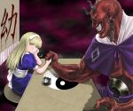  alice_(megami_tensei) arm_wrestling bangs blonde_hair blunt_bangs dress hair_ribbon hairband horns long_hair megami_tensei oni oni_(megami_tensei) persona pointy_ears ribbon shin_megami_tensei sigh table yellow_eyes 