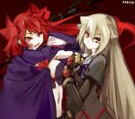  arcana_heart_3 blonde_hair cape chain chains gloves kamui0226 long_hair red_eyes red_hair redhead scharlachrot twintails weiss 