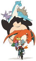  1boy baseball_cap bicycle charizard czes dotabata espeon hat ivysaur lapras pikachu pokemon pokemon_(creature) pokemon_(game) pokemon_rgby red_(pokemon) red_(pokemon)_(classic) simple_background snorlax squirtle super_smash_bros. tail-tip_fire v 