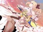  armor armored_dress avalon_(fate/stay_night) bare_shoulders blonde_hair caliburn detached_sleeves dress dutch_angle error excalibur fate/stay_night fate/unlimited_codes fate/zero fate_(series) faulds flowers gauntlets green_eyes hair_ribbon long_hair minazuki_randoseru petals ponytail profile ribbon saber saber_lily scabbard sheath sky solo sword type-moon weapon 