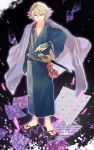  brown_hair geta haori highres irono_yoita ivan_karelin japanese_clothes katana kimono male purple_eyes short_hair shuriken solo sword tiger_&amp;_bunny violet_eyes weapon yukata 