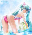  aqua_eyes aqua_hair ass ball beachball bent_over blush competition_swimsuit flat_chest from_behind hair_ribbon hatsune_miku long_hair looking_back mayo_riyo one-piece_swimsuit ribbon solo swimsuit twintails very_long_hair vocaloid wading water 